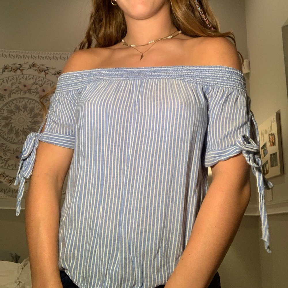 PACSUN BLUE AND WHITE STRIPES OFF THE SHOULDER TOP